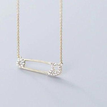 Safety Pin Micro Inlaid Necklace,925 Sterling..