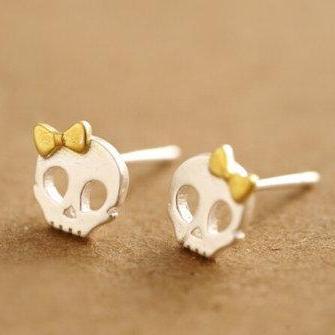 Evil Skull Cute Bow Studs Earring,925 Sterling..