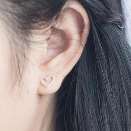 Cute Tiny Hollow Heart Silver Studs Earring, 925..