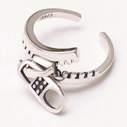Vintage Zipper Adjustable Ring, 925 Sterling..