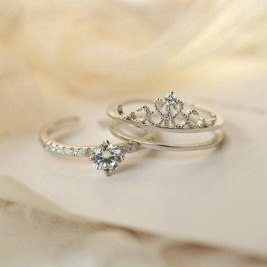 Romantic Cute Double Ring Couple Crown Ring, 925..