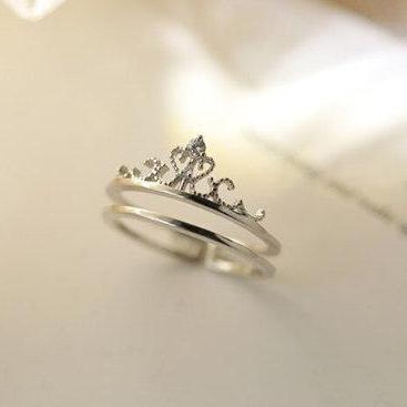 Romantic Cute Double Ring Couple Crown Ring, 925..
