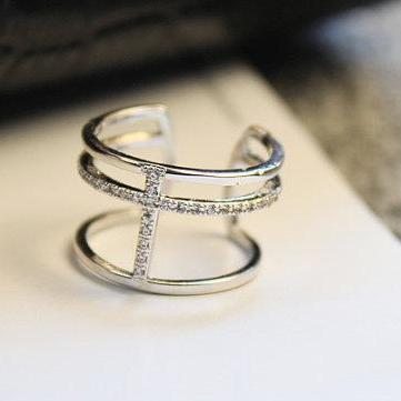 Fashion Double Layer Cross Micro Inlaid Ring..