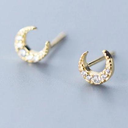 Moon Cz Simple Shape Earring, Gold Studs, Wedding..