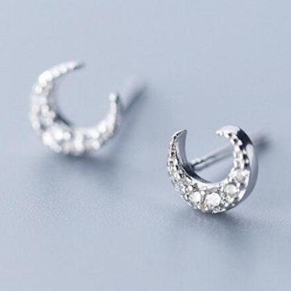 Moon Cz Simple Shape Earring, Gold Studs, Wedding..