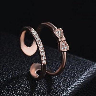 Fashion Bow Double Ring Micro Inlaid Ring..