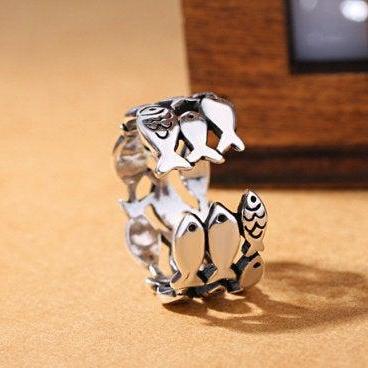 Dynamic Group Of Small Fish Open Ring,925 Sterling..