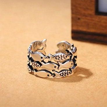 Dynamic Group Of Small Fish Open Ring,925 Sterling..