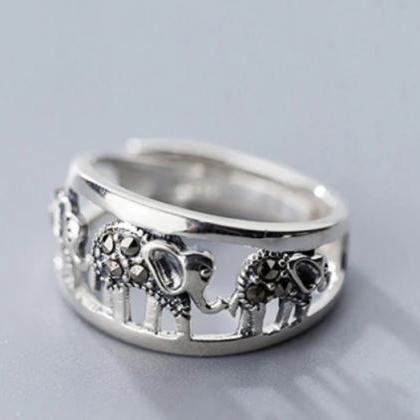 Retro Elephant Round Ring, Cz Ring, British..
