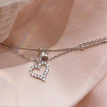 Double Heart Shaped Micro Inlaid Necklace,925..