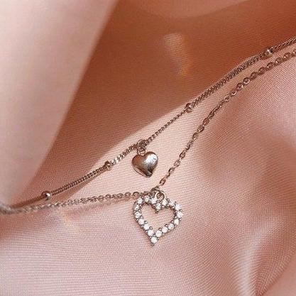 Double Heart Shaped Micro Inlaid Necklace,925..