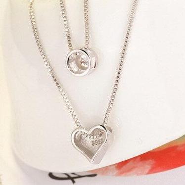 Heart Shape Double Layer Necklace,925 Sterling..