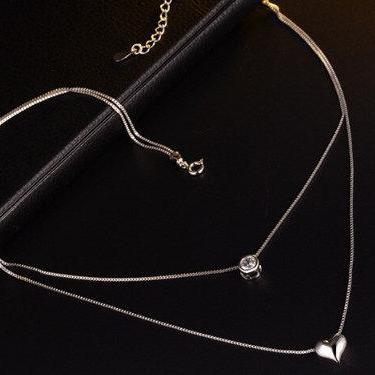 Heart Shape Double Layer Necklace,925 Sterling..