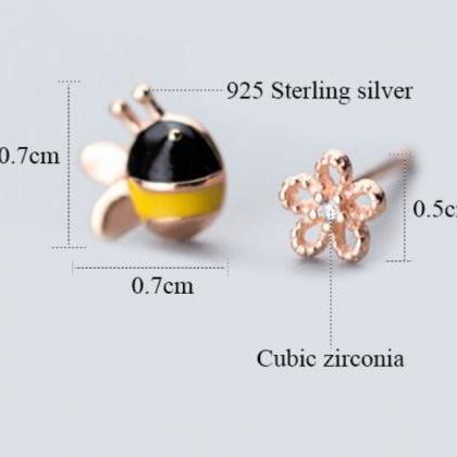 Bee Flower Studs Earring, 925 Sterling Silver,..