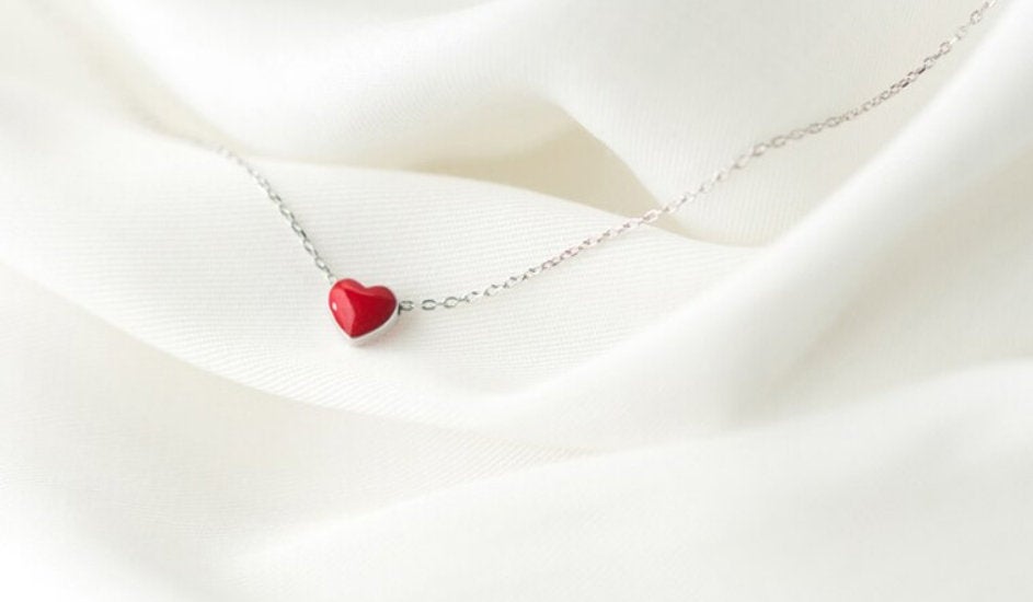 Red Heart Pendant Necklace, 925 Sterling Silver, Minimalist Necklace, Boho Necklace, Dainty Necklace, Gift for her, Bridesmaids Jewellery.