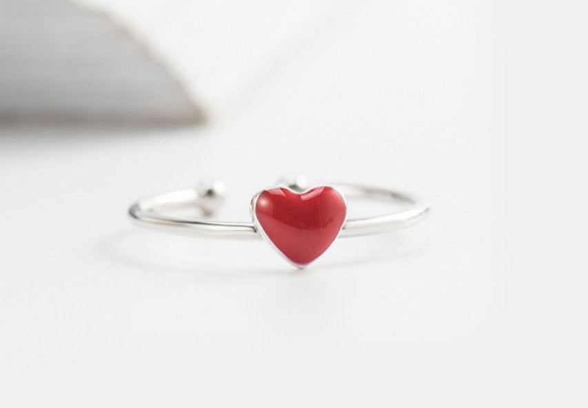 Tiny Red Heart Ring, 925 Sterling Silver Ring, Engagement Ring, Gift, Adjustable Ring, Dainty Ring, Gift For Her, Minimalist Ring, Boho Ring