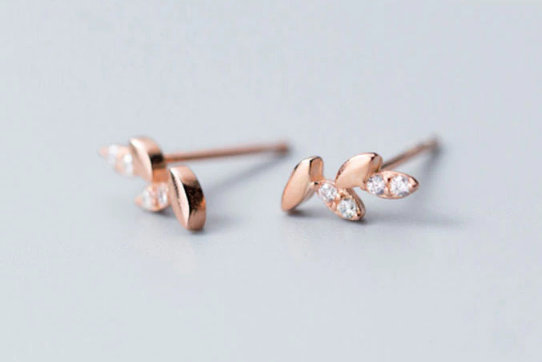 Cute Delicate Cz Leaf Pattern Silver&rose Gold Studs Earring, 925 Sterling Silver,minimalist Earring,boho Earring,gift For Her Wedding