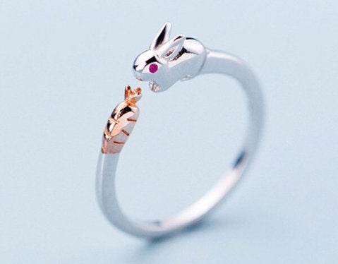 New Fashion Creative Bunny Carrot Sweet Open Ring,925 Sterling Silver,Adjustable ring,Dainty Ring, Gift for her, Minimalist Ring, Boho Ring