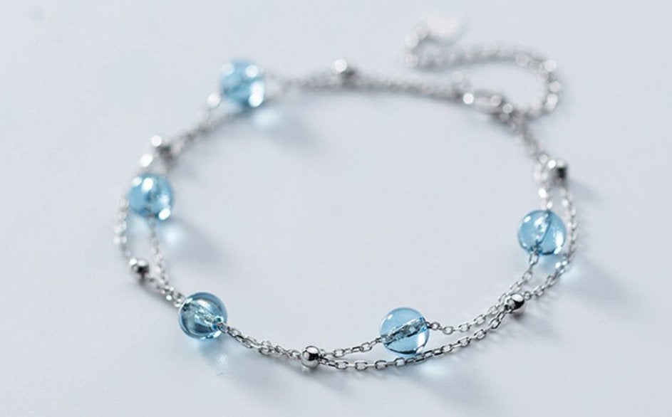 Double Layer Blue Synthetic Bracelet, 925 Sterling Silver, Minimalist Bracelet, Boho Bracelet, Gift For Her, Wedding Gift, Vintage Bracelet.