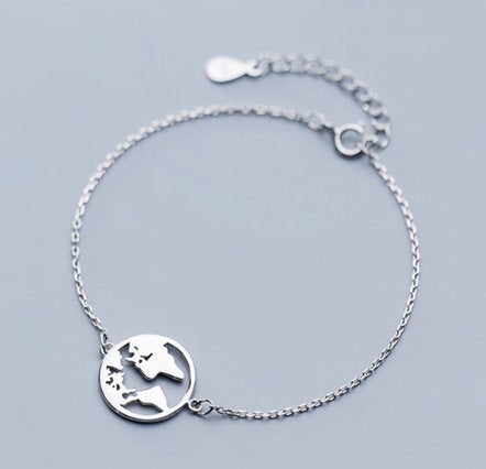 Hot Sale New Word of Map Globe Cute Bracelet. Charm Bracelet.925 Sterling Silver,Minimalist Bracelet,Boho Bracelet,Gift for her,Gift for her