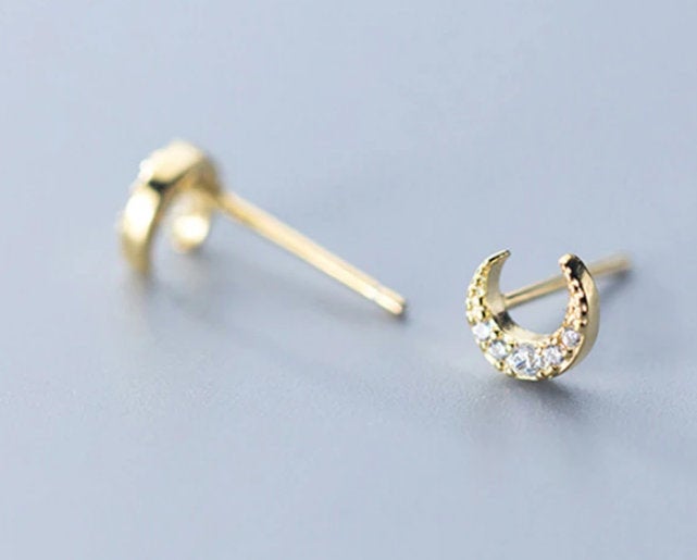 Moon Cz Simple Shape Earring, Gold Studs, Wedding Gift,tiny Earring, 925 Sterling Silver, Minimalist Earring, Boho Earring, Gift For Her