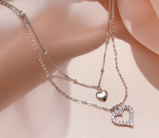 Double Heart Shaped Micro Inlaid Necklace,925 Sterling Silver,minimalist Necklace,boho Necklace,gift For Her, Bridesmaid Gift.
