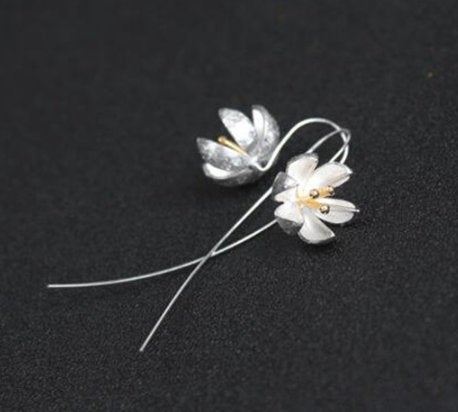 Sweet Handmade Drawing Lotus Flower Silver Earring Ear Line, 925 Sterling Silver,minimalist Earring,boho Earring,gift For Her, Wedding Gift.