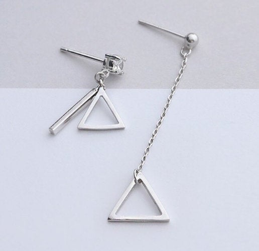 Hollow Triangle Asymmetric Micro-set Long Earring,925 Sterling Silver,minimalist Earring,boho Earring,gift For Her, Wedding Gift.