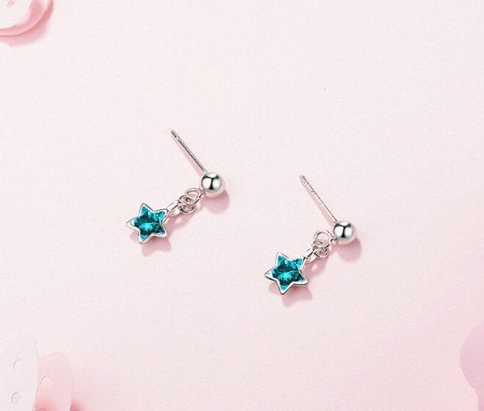 Fashion Small Mini Blue Star Heart Silver Studs,925 Sterling Silver,minimalist Earring,boho Earring,gift For Her Wedding Gift.jewellery.