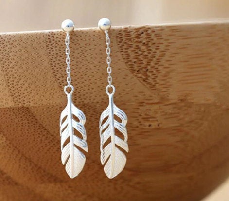 Sweet Feather Long Temperament Silver Leaf Earring,925 Sterling Silver,minimalist Earring,boho Earring,gift For Her Wedding Gift Jewellery