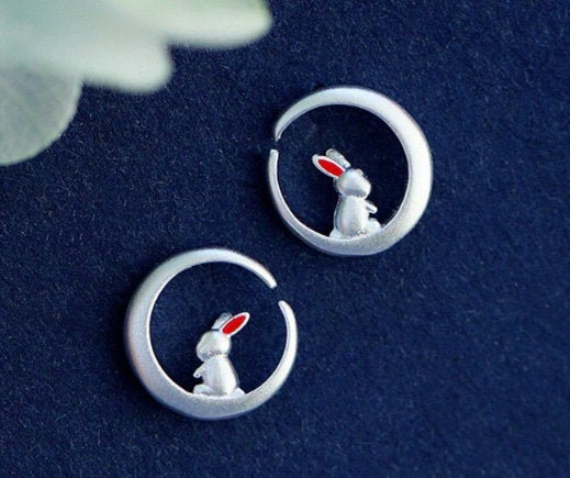 Small Sweet Moon Bunny Lovely Silver Earring 925 Sterling Silver,Minimalist Earring,Boho Earring,Gift for her Wedding Gift.Jewellery.