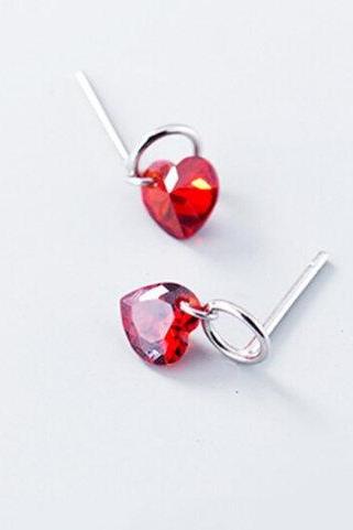 Cute Small Red Heart Silver Studs Earring,925 Sterling Silver,Minimalist Earring,Boho Earring,Gift for her Wedding Gift. Jewellery.