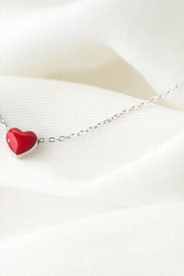 Red Heart Pendant Necklace, 925 Sterling Silver, Minimalist Necklace, Boho Necklace, Dainty Necklace, Gift For Her, Bridesmaids Jewellery.