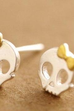 Evil Skull Cute Bow Studs Earring,925 Sterling Silver,minimalist Earring,boho Earring,gift For Her Wedding Gift. Jewellery.