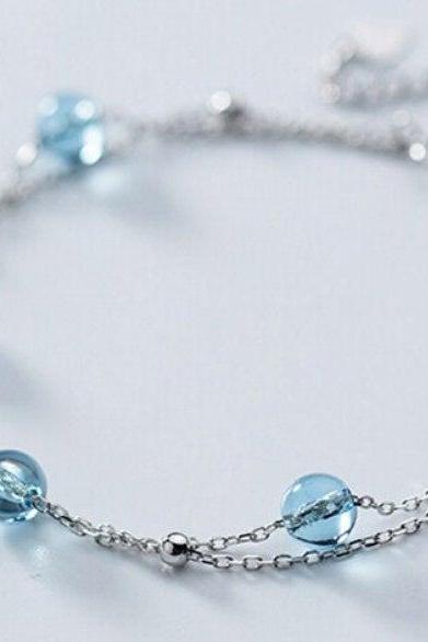 Double Layer Blue Synthetic Bracelet, 925 Sterling Silver, Minimalist Bracelet, Boho Bracelet, Gift for her, Wedding Gift, Vintage Bracelet.