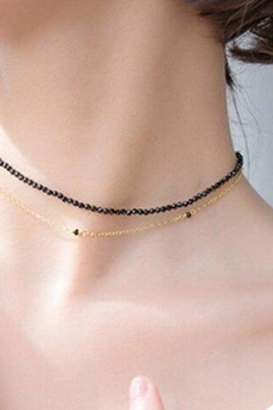 Black Bead Double Layer Choker Necklace, 925 Sterling Silver, Gold, Minimalist Necklace, Boho Necklace, Gift for her, Bridesmaids Jewellery.