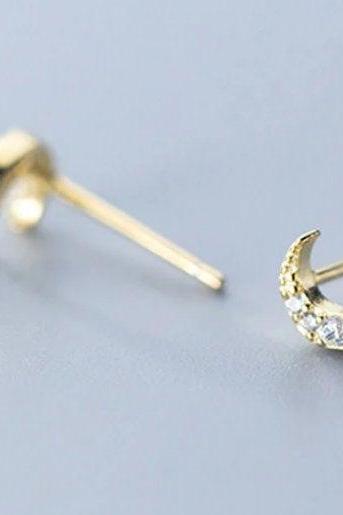 Moon Cz Simple Shape Earring, Gold Studs, Wedding Gift,tiny Earring, 925 Sterling Silver, Minimalist Earring, Boho Earring, Gift For Her