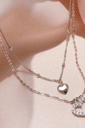 Hot Sale New Double Heart Shaped Micro Inlaid Necklace,925 Sterling Silver,Minimalist Necklace,Boho Necklace,Gift for her, Bridesmaid Gift.
