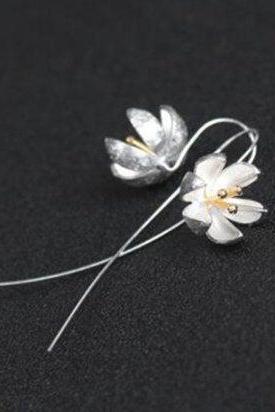 Sweet Handmade Drawing Lotus Flower Silver Earring Ear Line, 925 Sterling Silver,Minimalist Earring,Boho Earring,Gift for her, Wedding Gift.