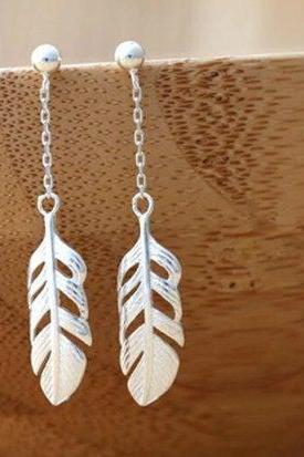 Sweet Feather Long Temperament Silver Leaf Earring,925 Sterling Silver,Minimalist Earring,Boho Earring,Gift for her Wedding Gift Jewellery